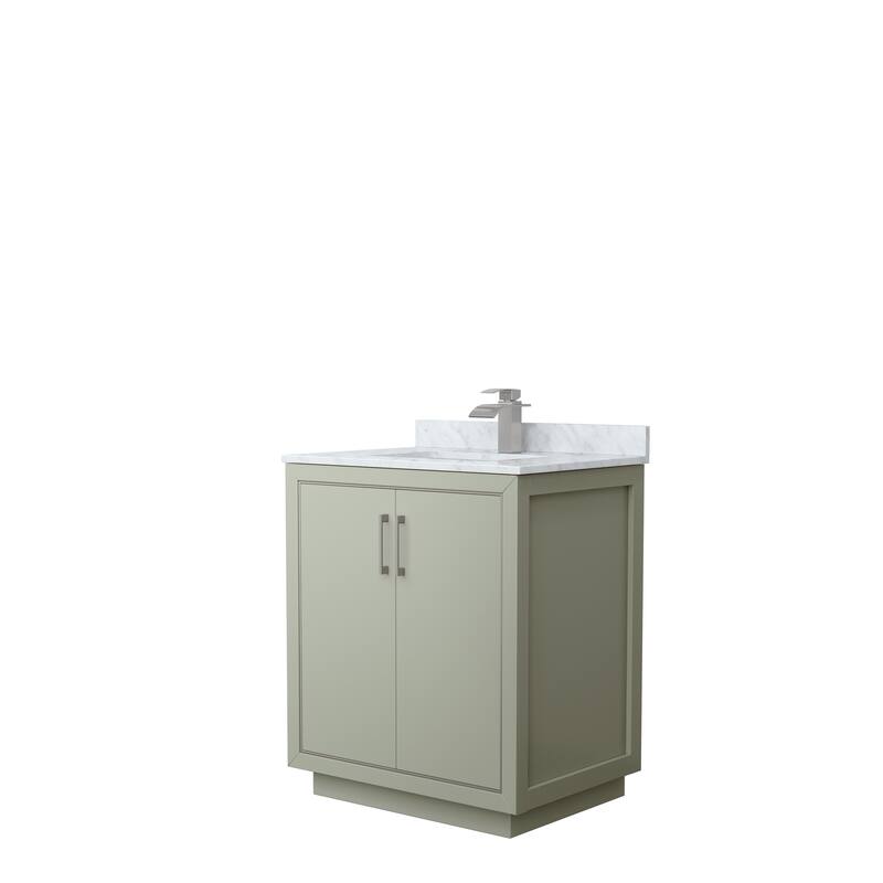 Icon Single Vanity Set, White Carrara Marble Top, No Mirror - 30-Inch Single - Light Green, Nickel Trim, White Carrara Marble Top