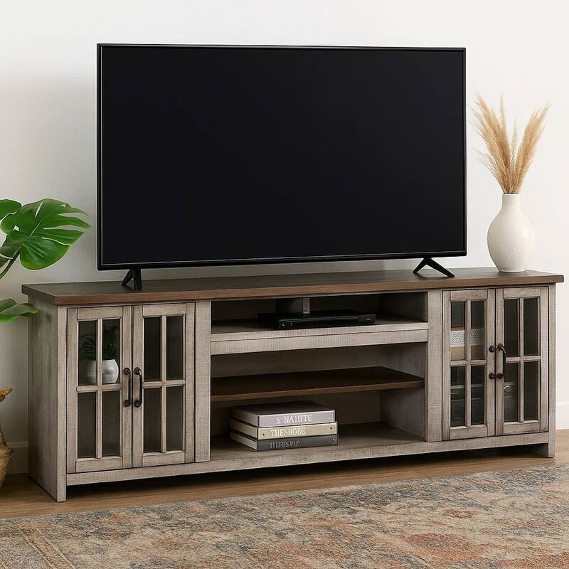 Zeka TV Media Console, 98 Inch w 2 Glass Cabinets, Gray Mahogany Wood
