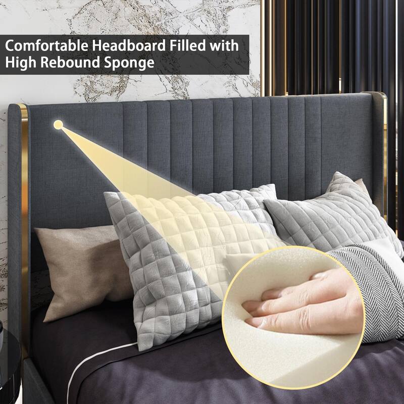 Modern Illuminated Bed Frame with Gold Trim - Chic Upholstered Design
