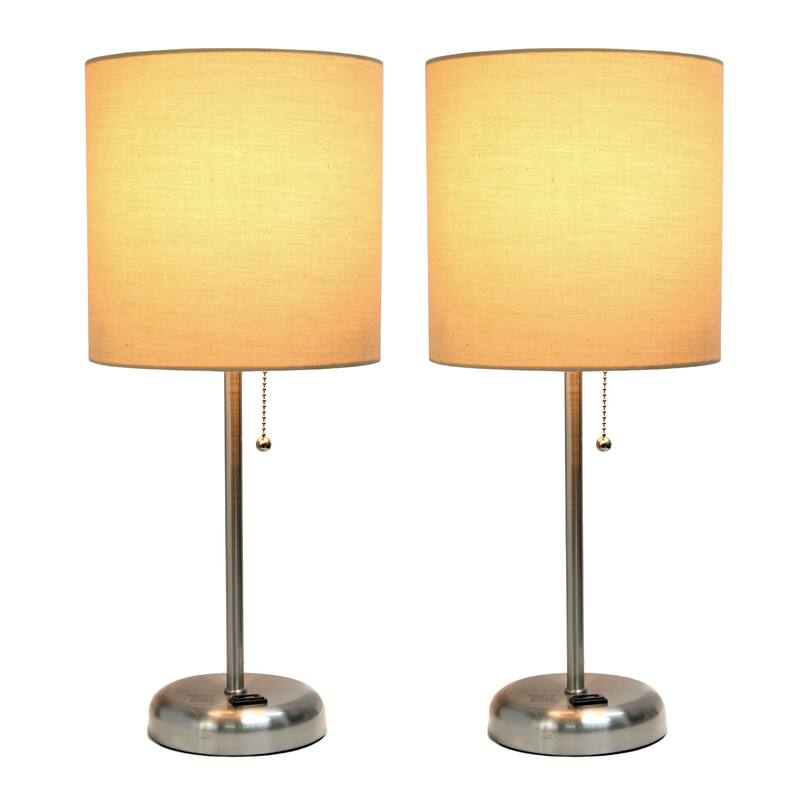 19.5 in. Brushed Steel Finish Table Lamp with Beige Shade, Desk Lamp for Writing and Computer Desks, Set of 2