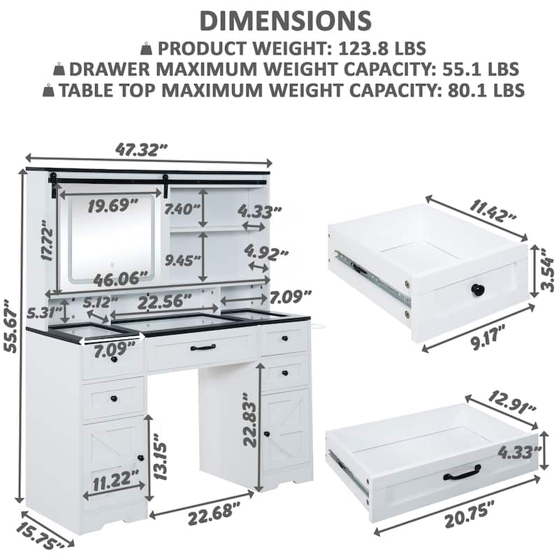 White Vanity Desk with Adjustable Sliding Mirror & Built-in Lights