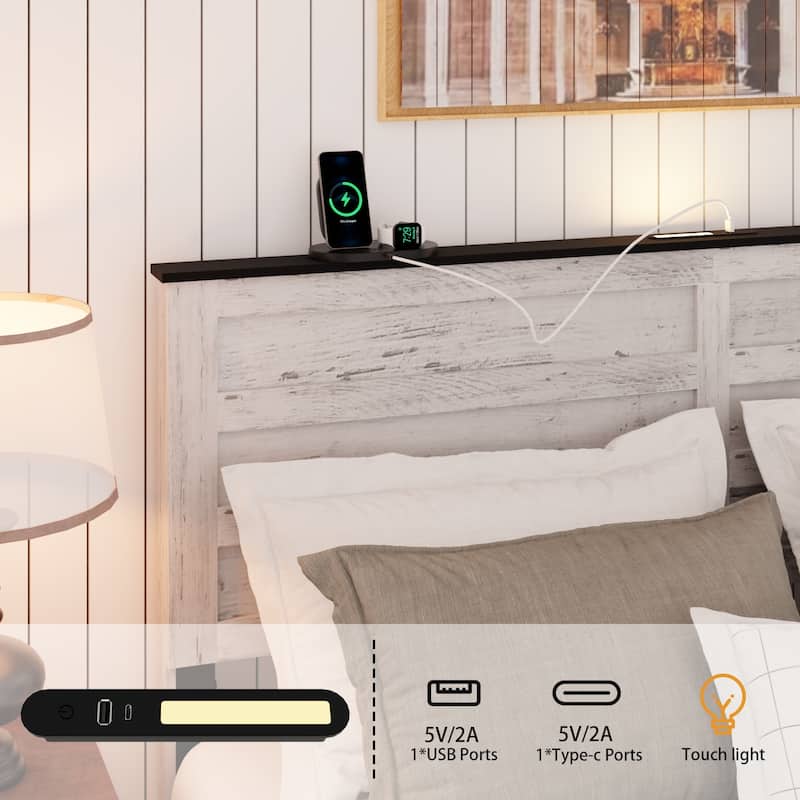 Queen Bed Frame with Upholstered Headboard and Wood Platform, Storage Headboard with Charging Station and LED