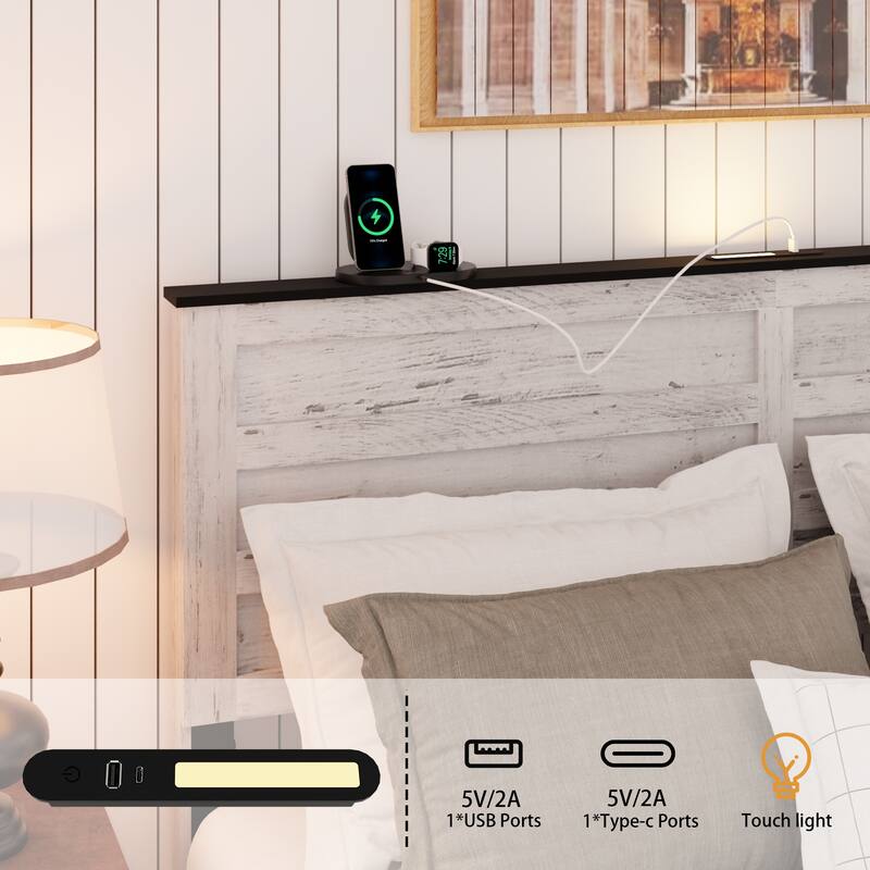 Roomfitters Bed Frame with Upholstered Headboard, Storage Headboard, Charging Station, Wood Platform