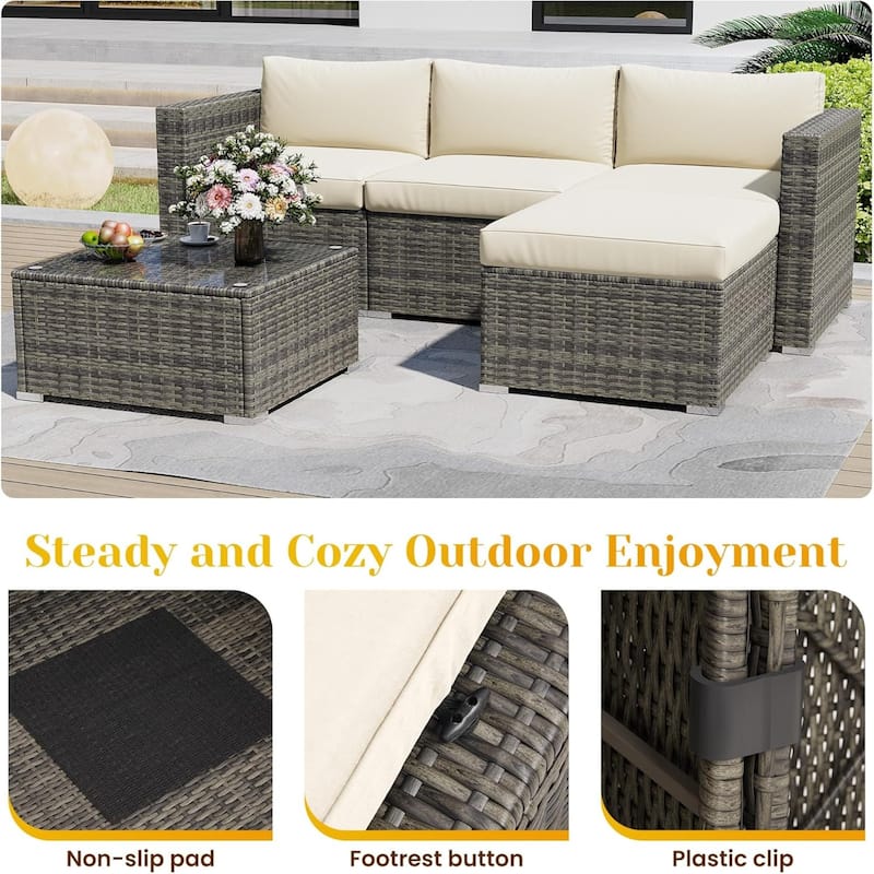 5-Piece Wicker Conversation Set with Beige Cushions and Glass Table