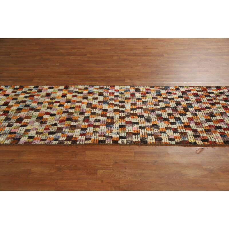 Checkered Tribal Moroccan Oriental Runner Rug Hand-Knotted Wool Carpet - 2'9" x 9'6"