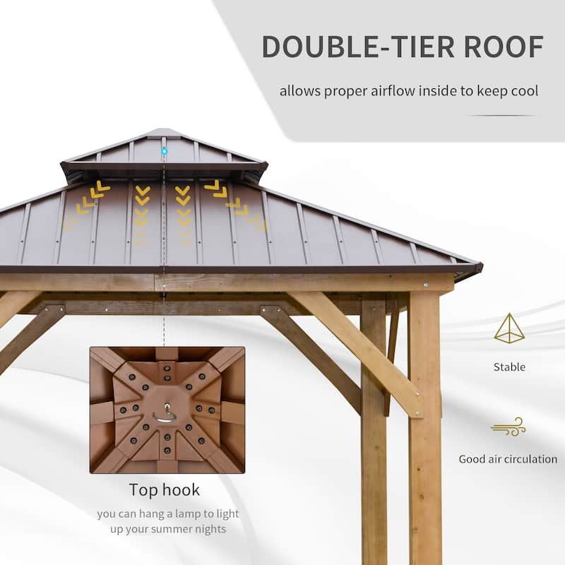 Outsunny 10' x 10' Hardtop Gazebo Canopy Patio Shelter Outdoor with Solid Wood Frame, Steel Double Tier Roof, Brown