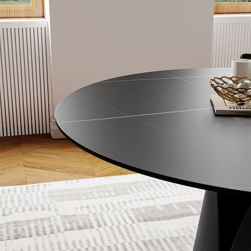 Modern Round White Dining Table，Sintered Stone Tabletop, Solid Black Carbon Steel Base