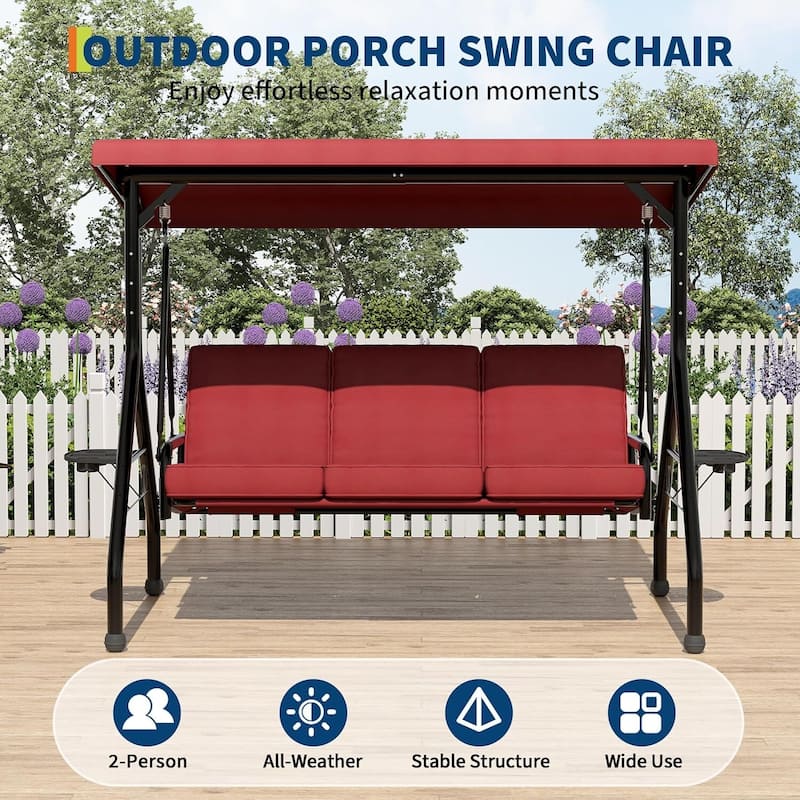 3 Seat Outdoor Porch Swing Chair with Canopy ＆ Cup Holders for Backyard, Porch, Garden