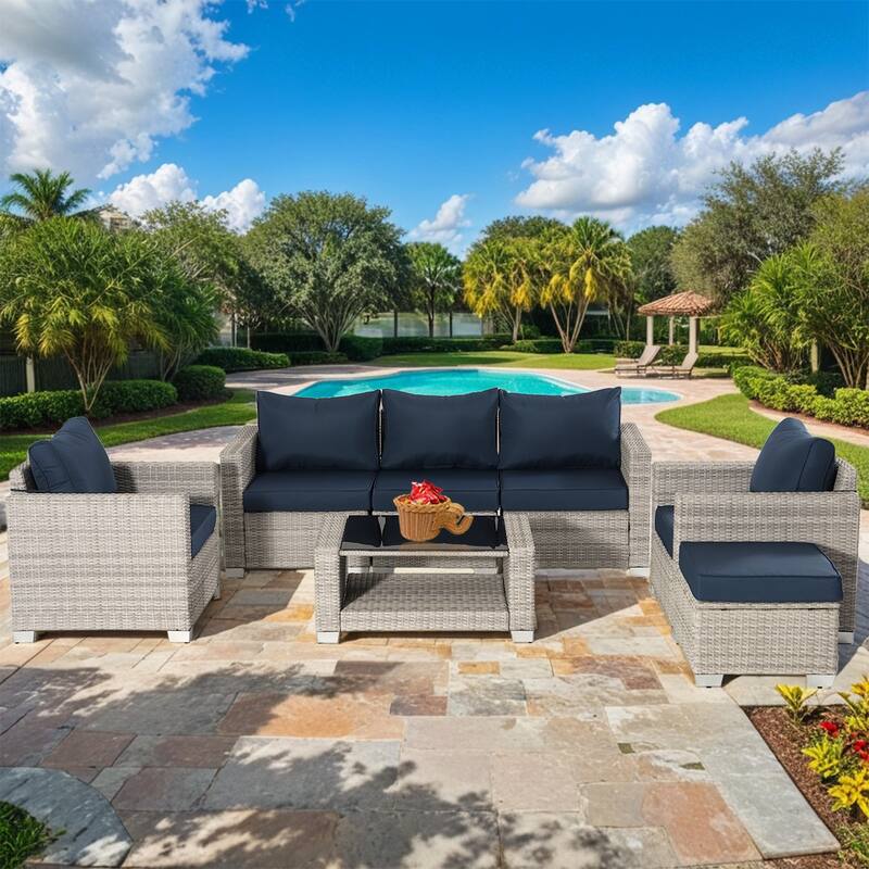 7-Piece Wicker Outdoor Sectional Set with Cushions and Table