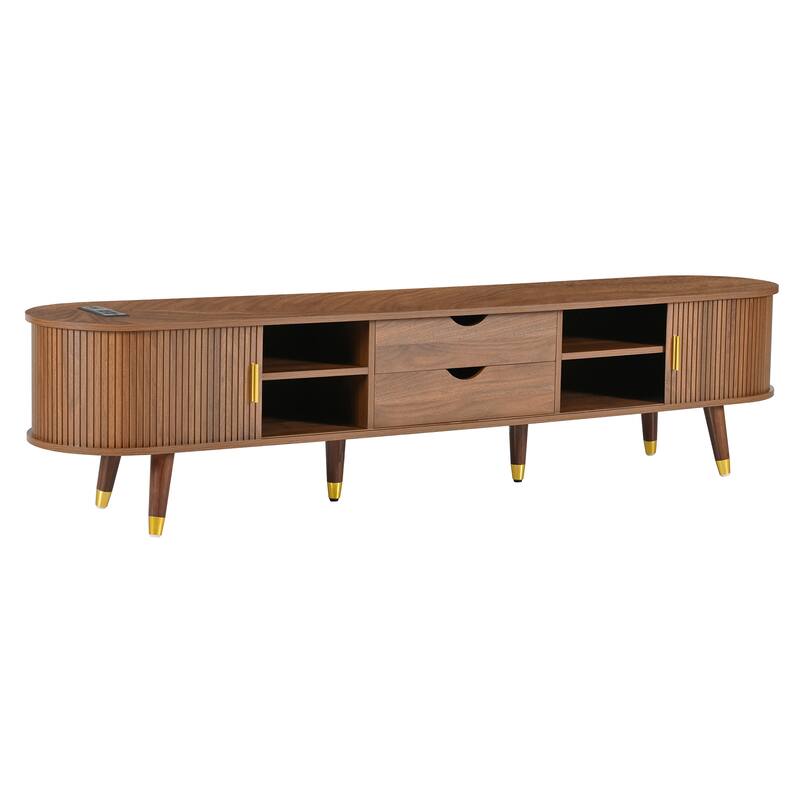 Wooden Tv Stand & Coffee Table Set With Charging Station,Sliding Doors For Tvs Up To 80",Table With Solid Wood Legs