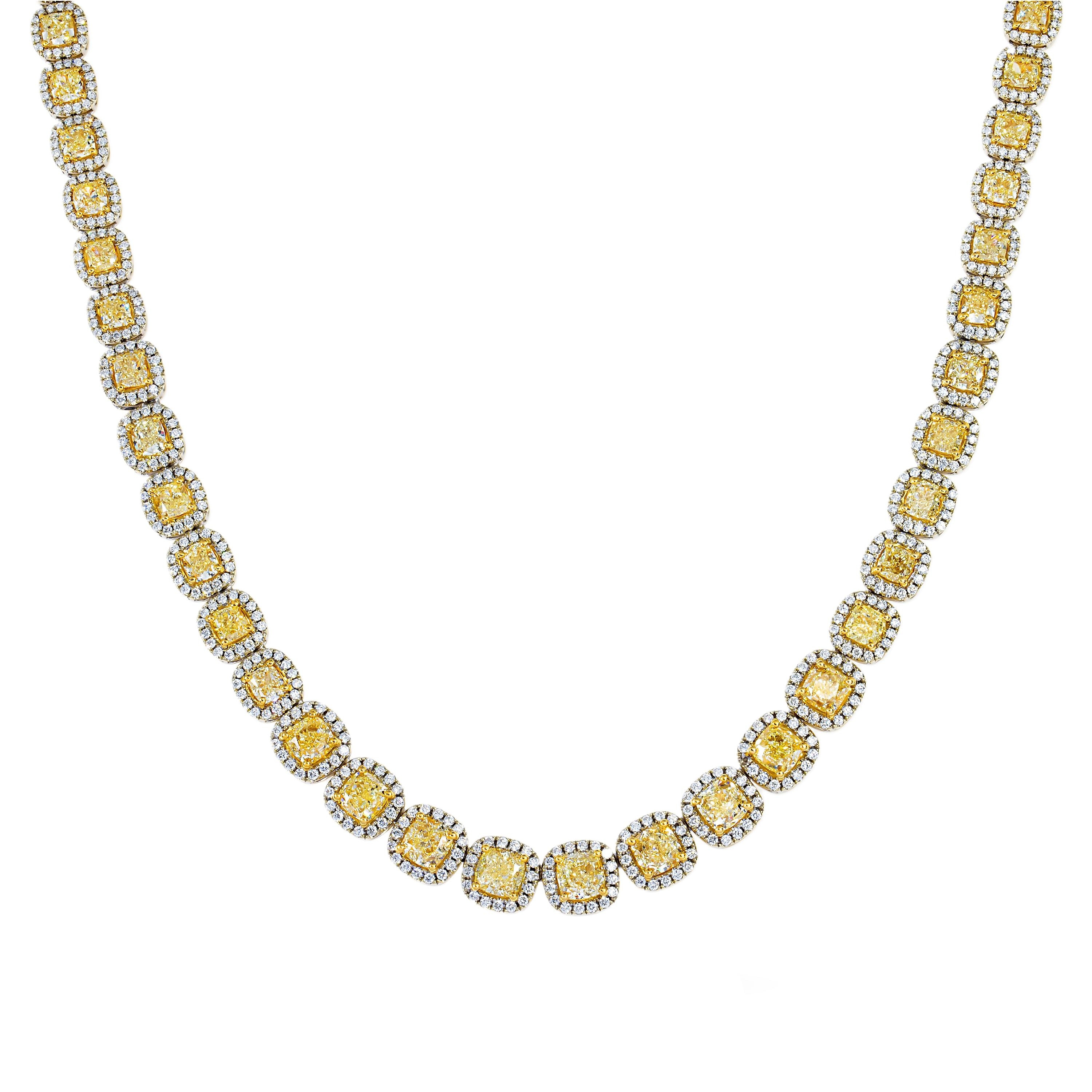 House Of Leon 18K Two Tone Cushion Cut Canary Yellow Diamond Chain 49.52ct