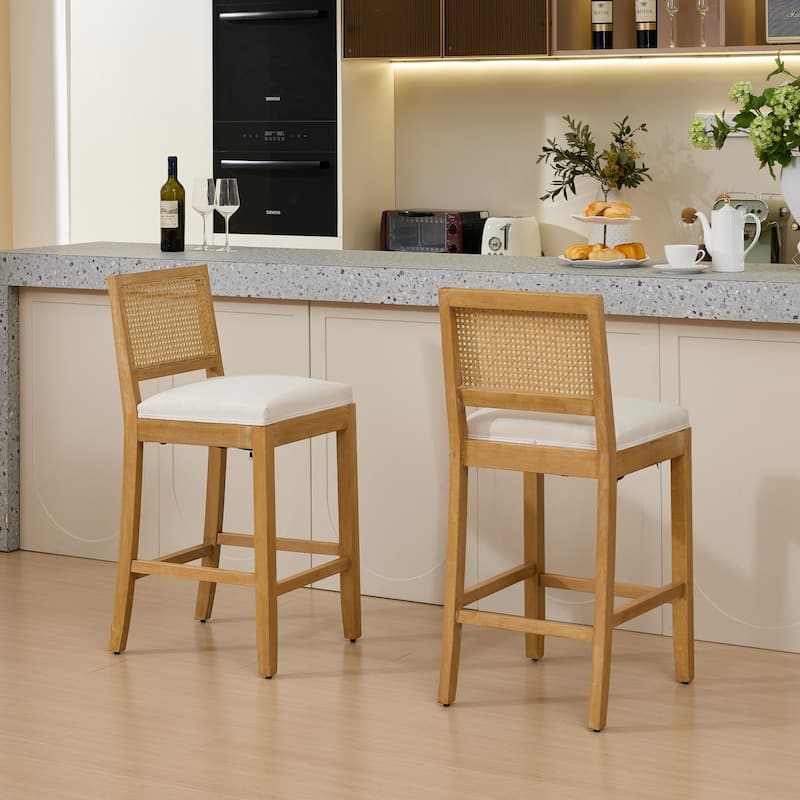 Full Solid Wood Rattan-Back Bar Stool, Matte Linen Cushion with High-Resilience Foam & S-Springs,Set of 2 - Beige