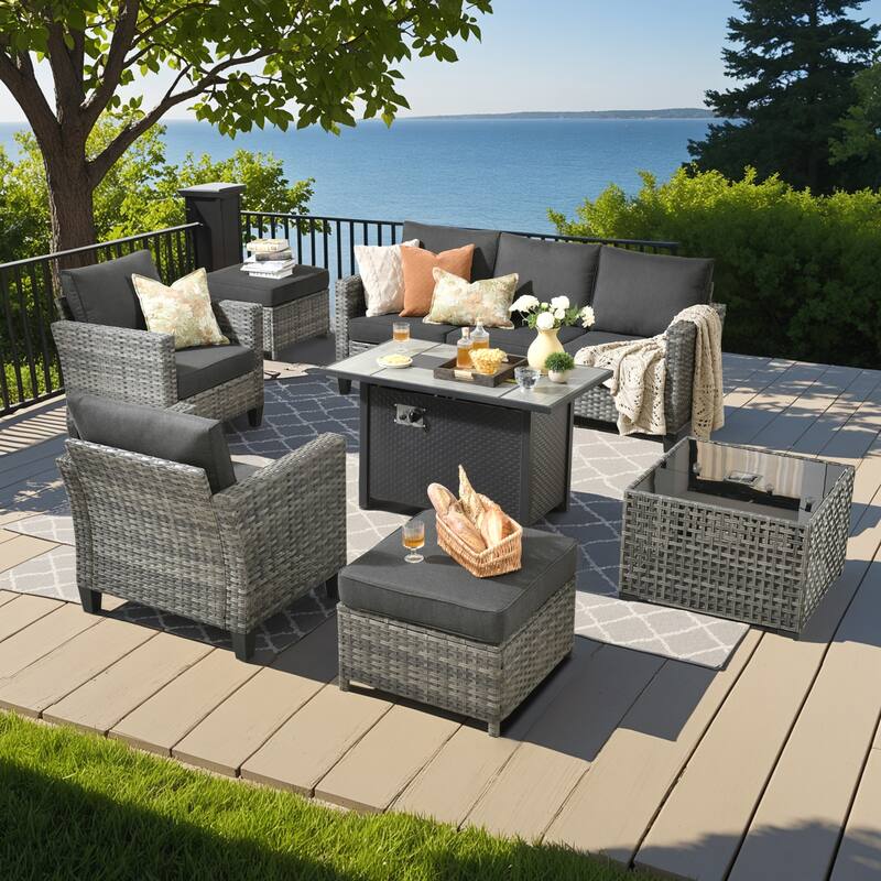 HOOOWOOO 7-piece Patio Furniture Wicker Sofa Conversation Set Fire Pit Table - Black