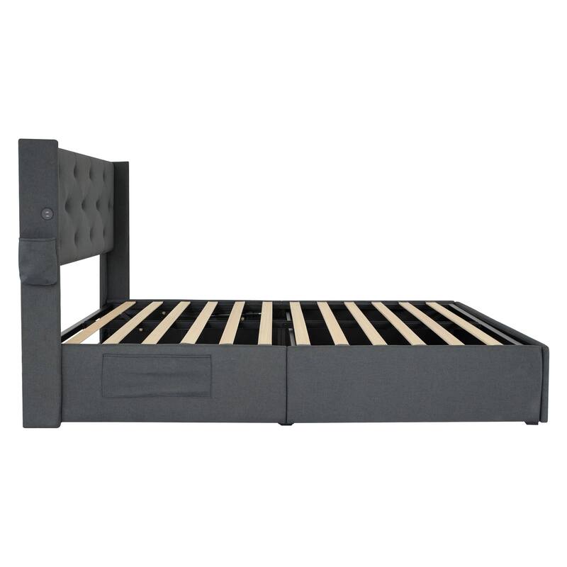 Dark Gray Queen Size Metal Platform Bed with Storage, Wingback Headboard & USB