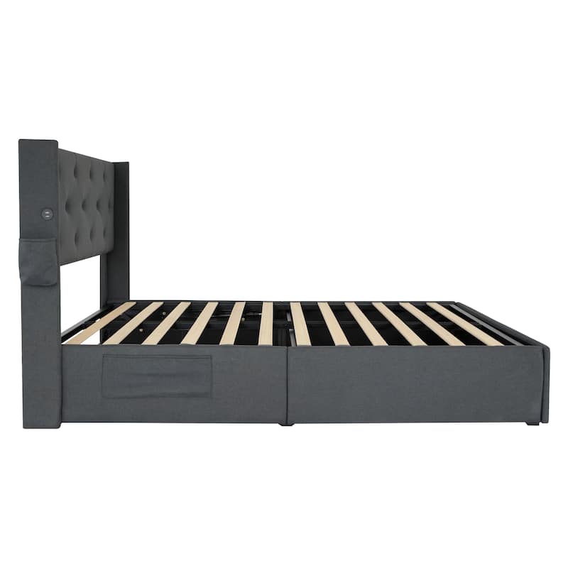 Wingback Upholstered Bed Low Profile Platform Bed Frame with USB Ports, Side Pockets and Hydraulic Lifting Storage