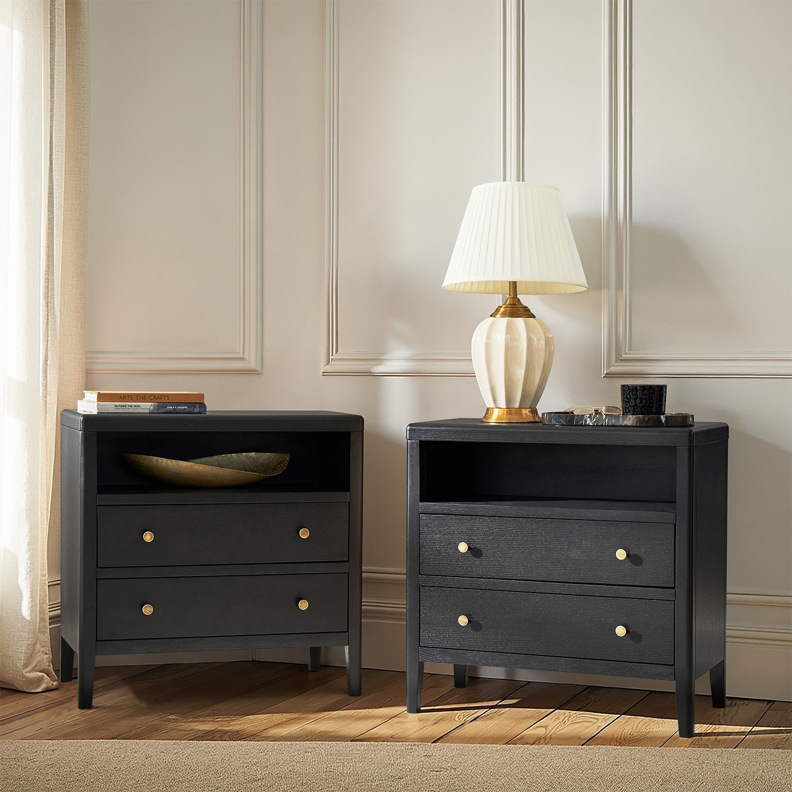 HULALA HOME Andrea Modern 2-Drawer Solid Wood End Table with Built-in Power Outlet and USB Ports Set of 2