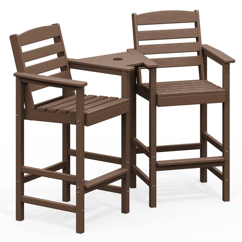 HDPE 2-Piece High Bar Stool Set with Umbrella-Compatible Connecting Panel - Brown