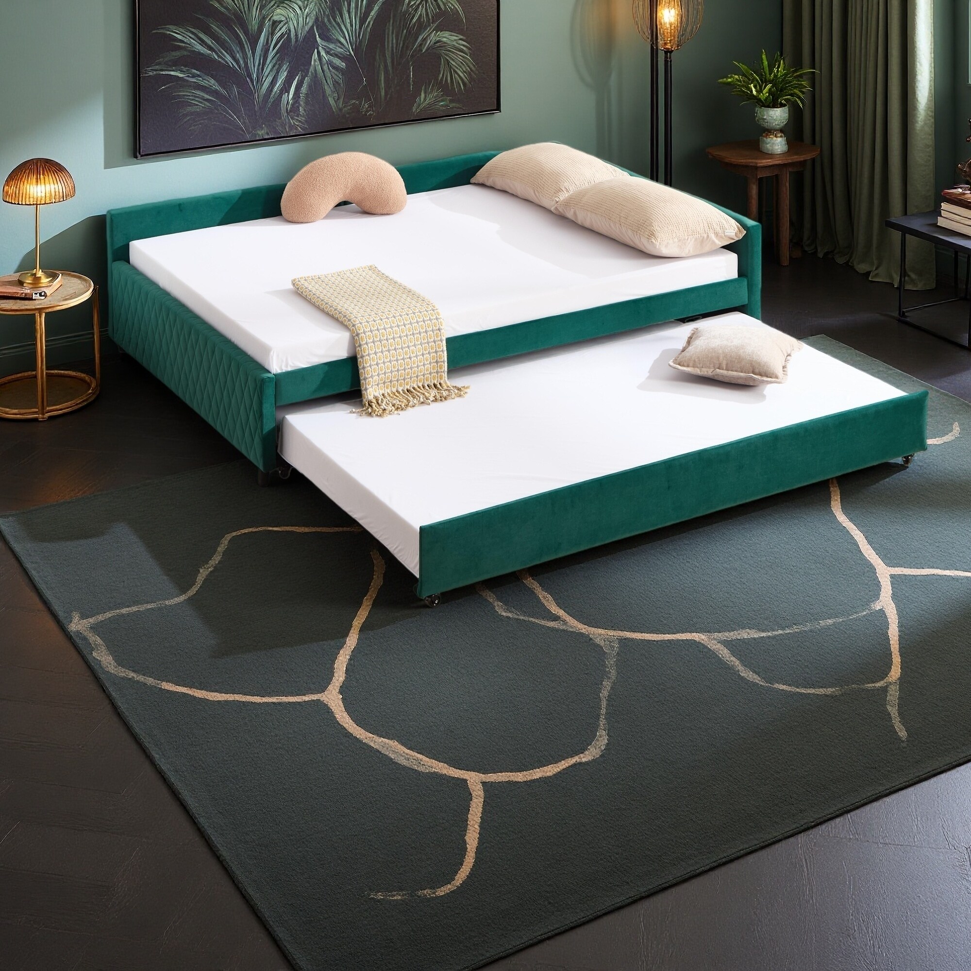 Full Size Upholstered Daybed with Twin Trundle, Sturdy Wooden Frame, Modern Diamond Grid Design, Velvet Fabric, Corner Sofa Bed