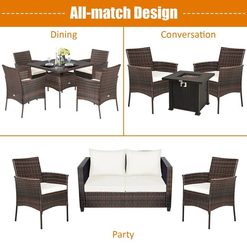 2 Pieces Rattan Arm Dining Chair Cushioned Sofa Furniture Patio - 25'' x 23'' x 33'' (L x W x H)