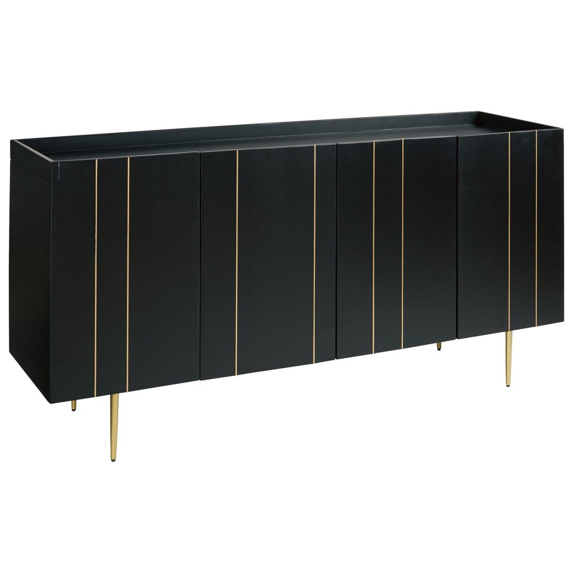 4 Door Wooden Accent Cabinet with Gold Finished Vertical Inlay