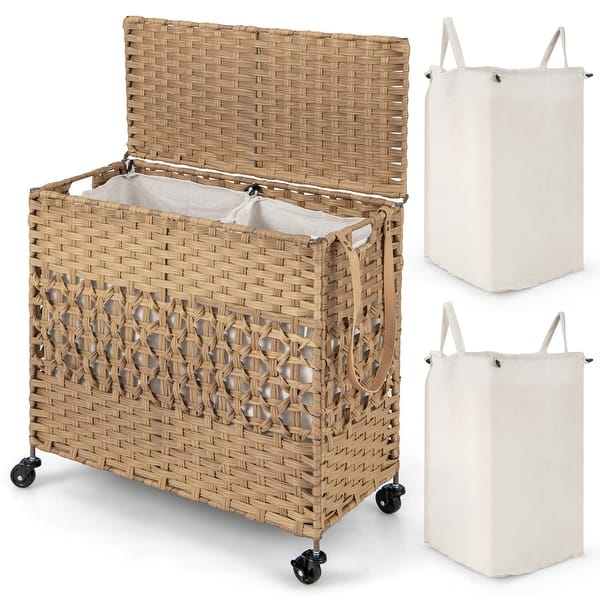 Costway 110L Laundry Hamper with Wheels Clothes Basket Lid & Handle & - 25.5'' x 13'' x 26.5'' (L x W x H) - Natural