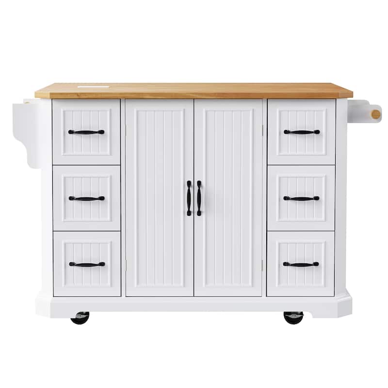 56" Rolling Kitchen Island with Storage Cabinet, Vertical Stripe Mobile Kitchen Cart Island Table with Power Outlet