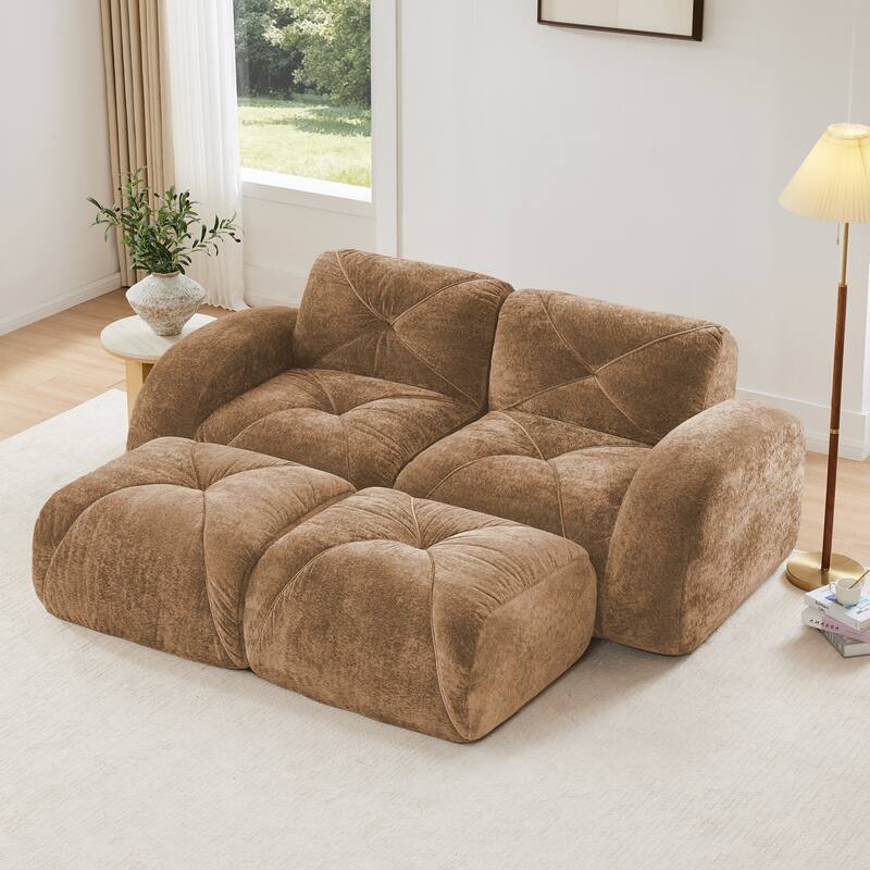 Velvet Tufted Loveseat Sofa Modular Couch, Boneless Deep Seat 2-Seater Couch, Available with/without Ottoman - Camel - 2 Seat+2 Ottoman