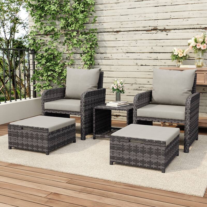 Patio 5 Pieces Rattan Cushioned Conversation Set With Ottoman Coffee Table - Grey/Grey