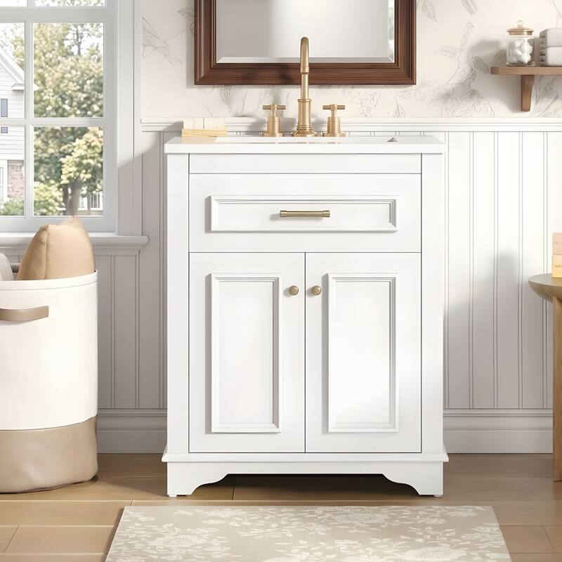 24" Bathroom Vanity with Integrated Ceramic Sink, Bathroom Cabinet with 2 Doors