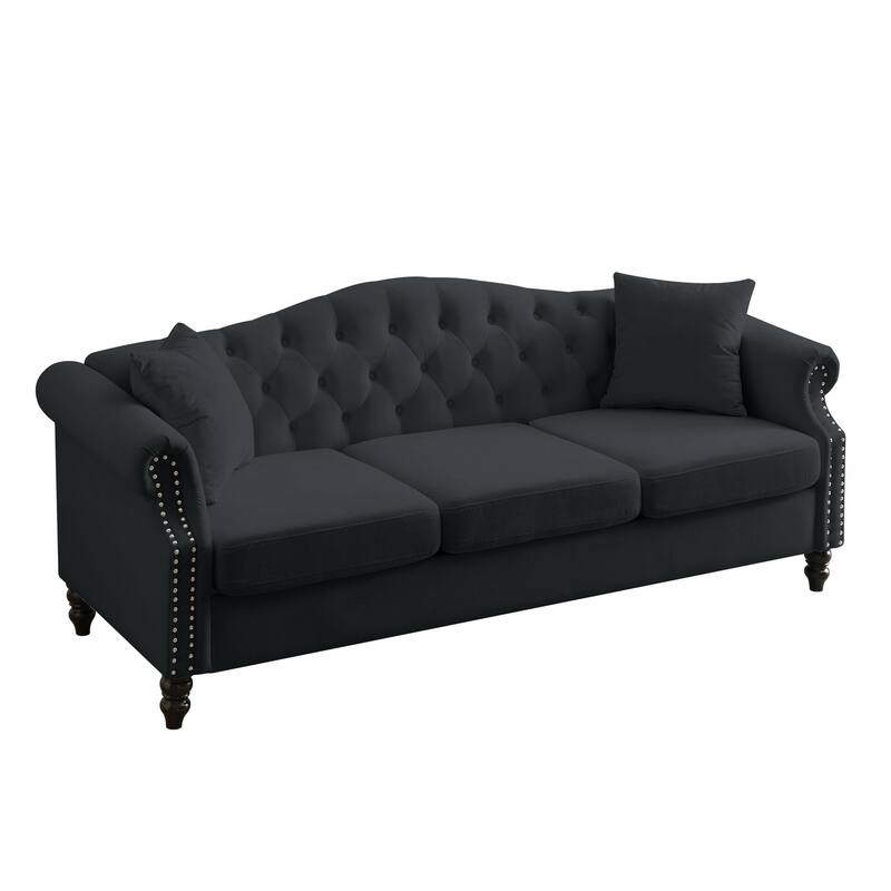 Velvet Chesterfield Sofa with Rolled Arms and Nailhead