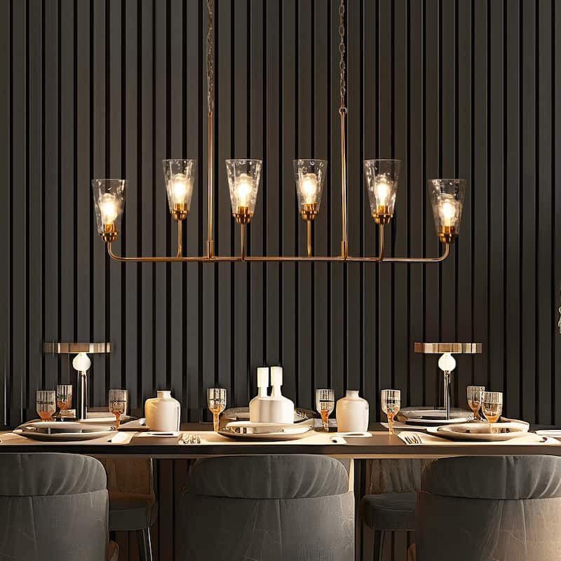 Modern Gold 6-Light 54-IN Linear Chandelier Glass Kitchen Island Lights for Dining Room - W 54" x H 22.4"