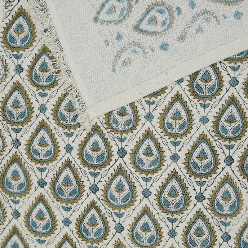 Fabdivine Hand Block Floral Print Waffle Weave Kitchen, Dining Room Use, Gift Hand Towel - Paan Patti- Teal Blue, Green - Set of 20