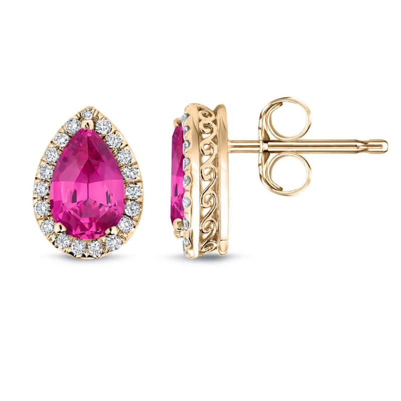 Auriya 14k Gold 2ct Pear-cut Pink Sapphire Halo Diamond Stud Earrings 1/3ct TDW - Yellow