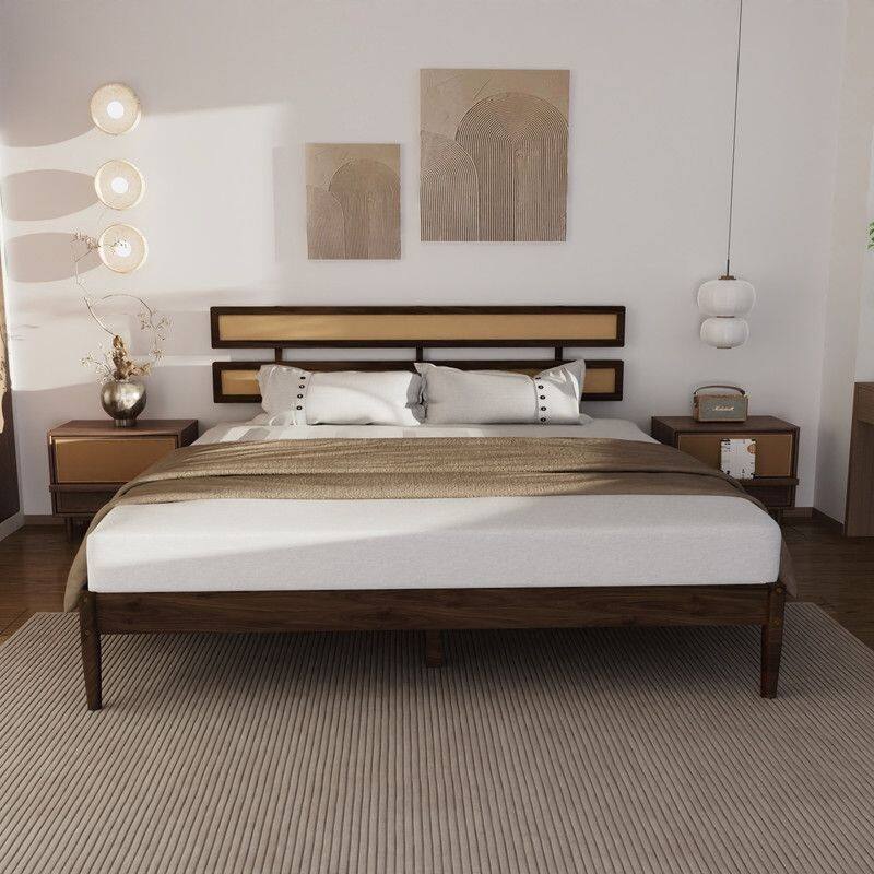 Solid Wood Full Bed Frame Platform Bedframe with Rattan Headboard