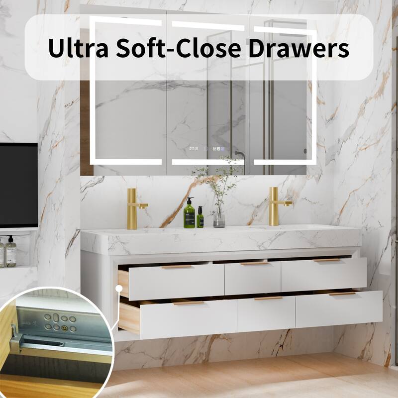 60" Wall-Mount Double Vanity with LED Light. - 60 inch