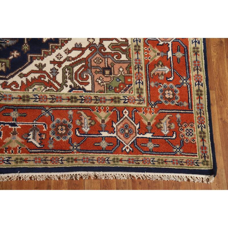 Hand Knotted Oriental 100% Wool Carpet Traditional Medallion Navy Blue & Blues Heriz (serapi) Area Rug - 10' 0'' X 7' 11''