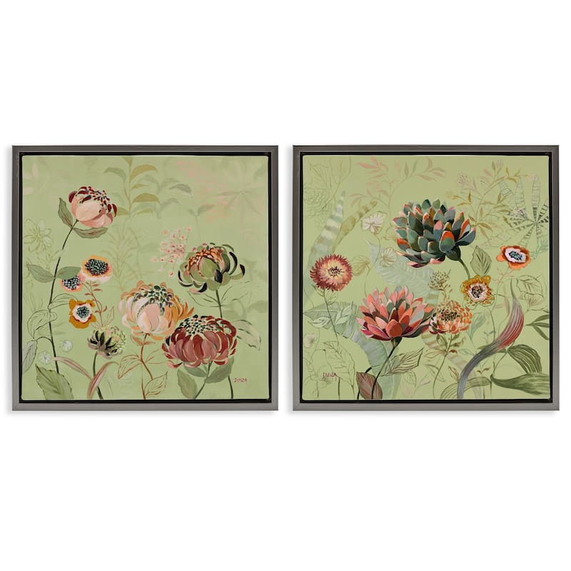 Stupell Chrysanthemums on Olive Green Framed Floater Canvas Wall Art Design By Dusza (Set of 2) - 25 x 25 - Grey