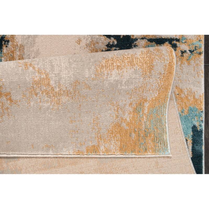 Modern Minimalistic Rustic Abstract Orange Mustard Blue Ivory Area Rug