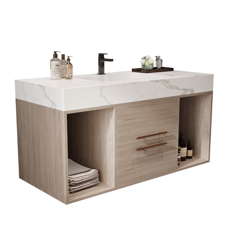 Modern Wall Mounted Bathroom Vanity Floating Storage Cabinet with Ceramic Sink, Faux Marble Countertop, Drawers and Open Shelves
