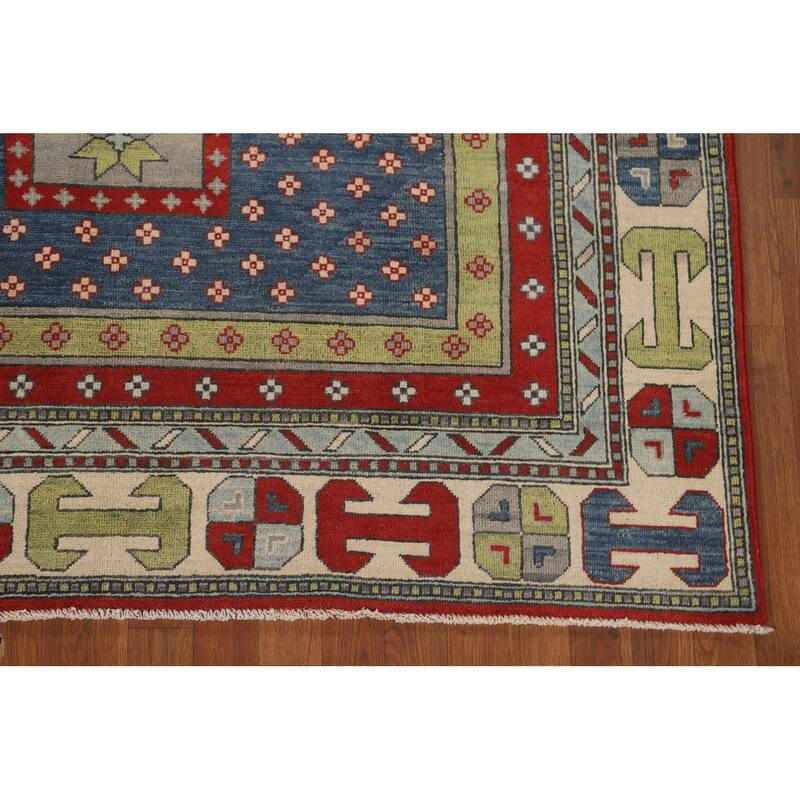 Geometric Kazak Area Rug Hand-Knotted Multi-Color Wool Carpet - 5'11" x 9'2"