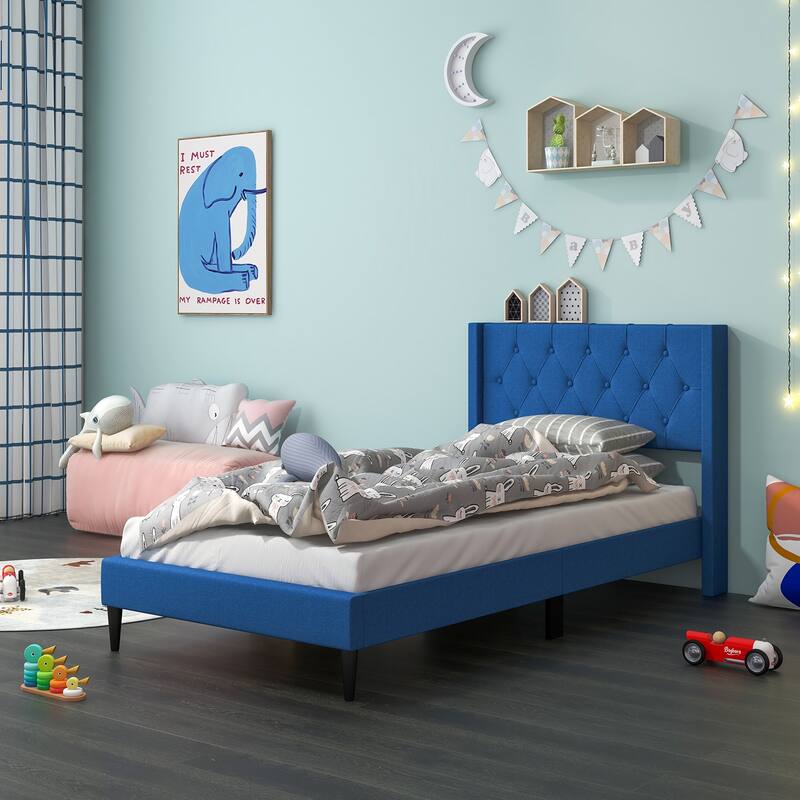 Upholstered Platform Bed with Button Tufted Wingback Headboard