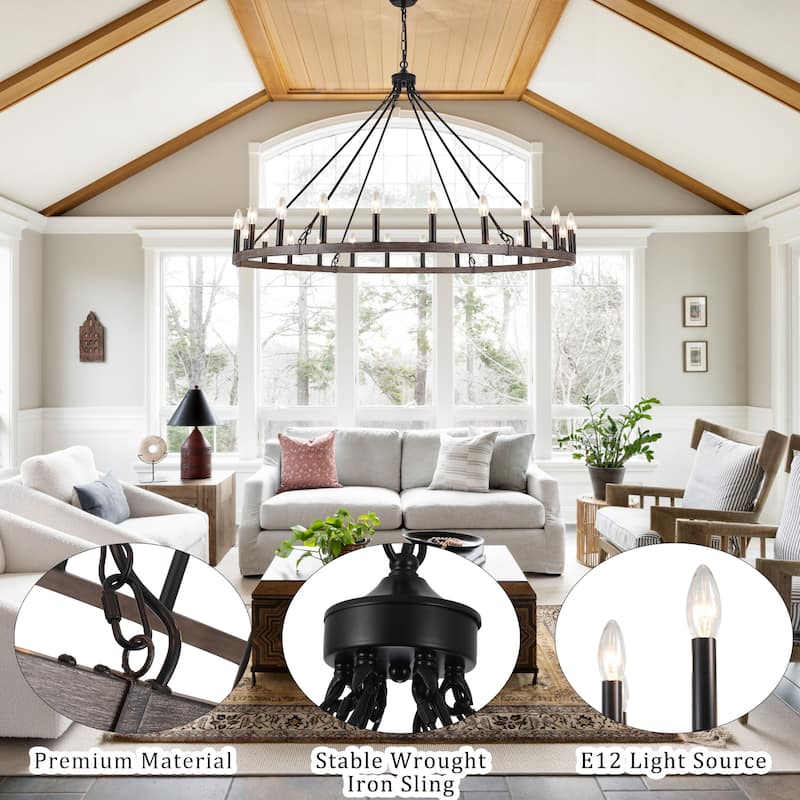 24-Light 51.97-inch Dimmable Round Wagon Wheel Chandelier for Dining Room