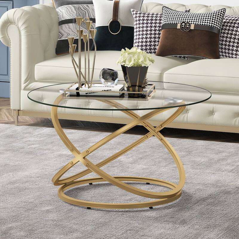 Myhozm Accent Round Glass/Stone Top Coffee Table with Metal Base - Glass Top/Gold Base