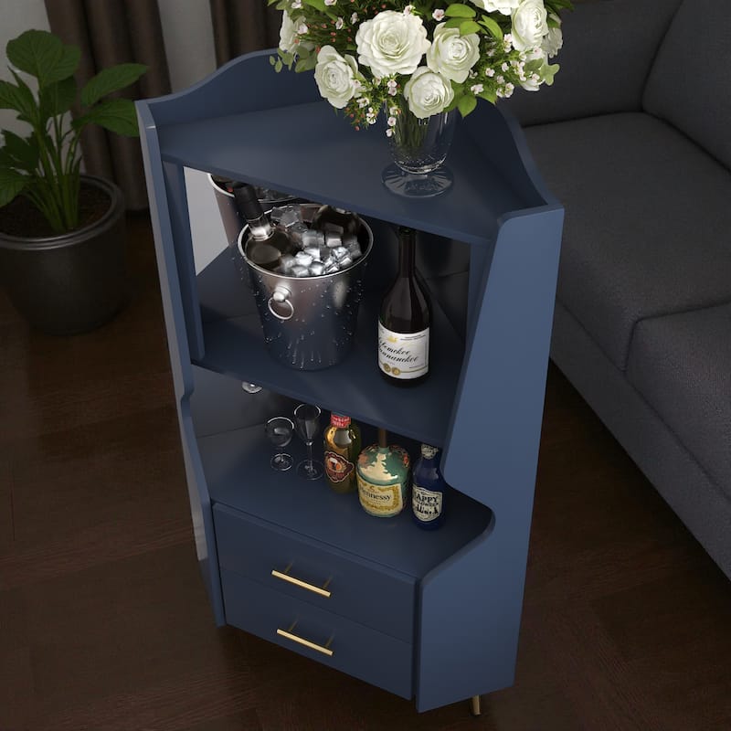 Modern Wooden Corner Bar Cabinet with Mirrored Back, 2 Drawers and Open Shelves, Buffet Sideboard for Dining or Living Room
