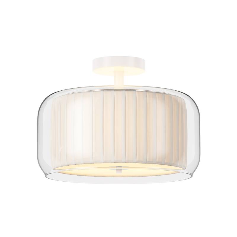Modern 3-Light Semi Flush Mount Glass Ceiling Light with White Fabric Linen Drum Shade