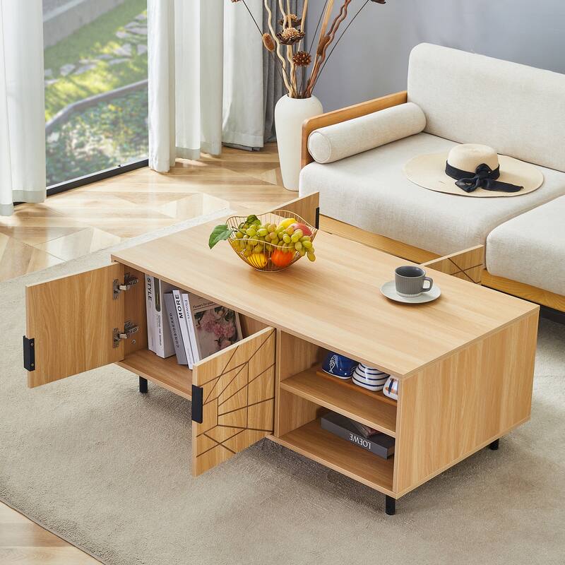 Spider Web Textured Coffee Table Natural Wood Tones Center Table Both Sides Storage with Cabinets and Open Compartments