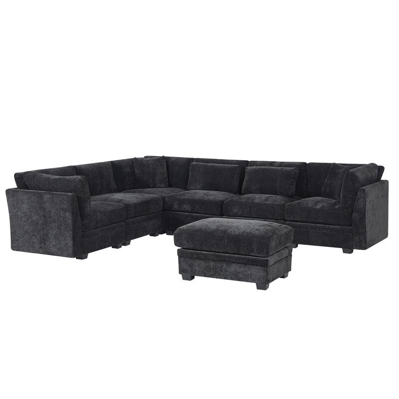 Christopher Knight Home - Verona 7-Piece Reversible Modular Fabric Sectional Sofa with Ottoman, Square Arms & Pillow Back
