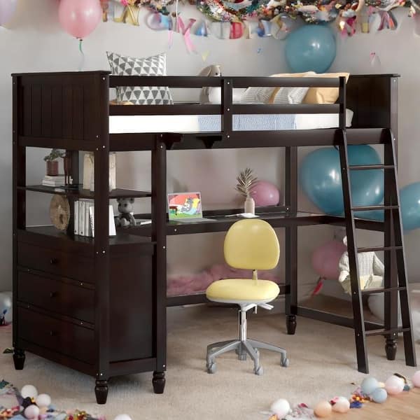 slide 2 of 16, Twin size Maximized Space Loft Bed with Drawers and Desk, Wooden Loft Bed with Shelves, No box spring required - Espresso Espresso