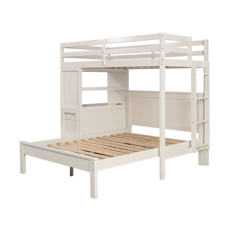 Furniture of America Elyra Modern Twin Over Full 3-in-1 White Solid Pinewood Loft Bed with Bookcase, Desk and USB Port