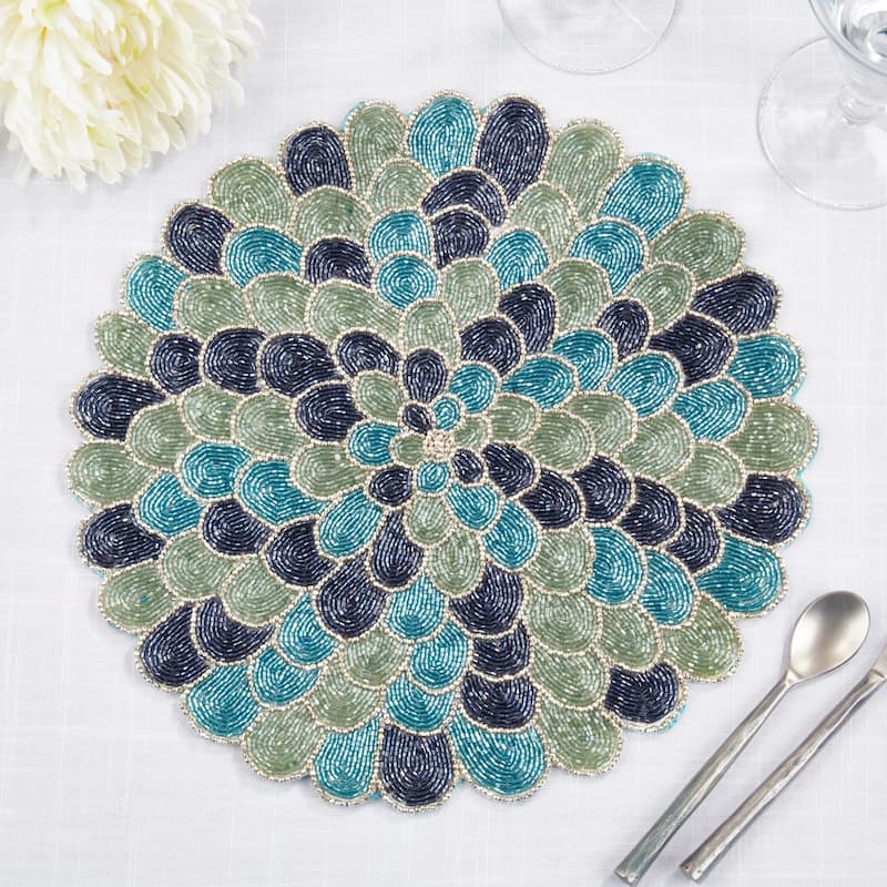 Peacock Glamour Beaded Placemat (Set of 4) - 14"x14"